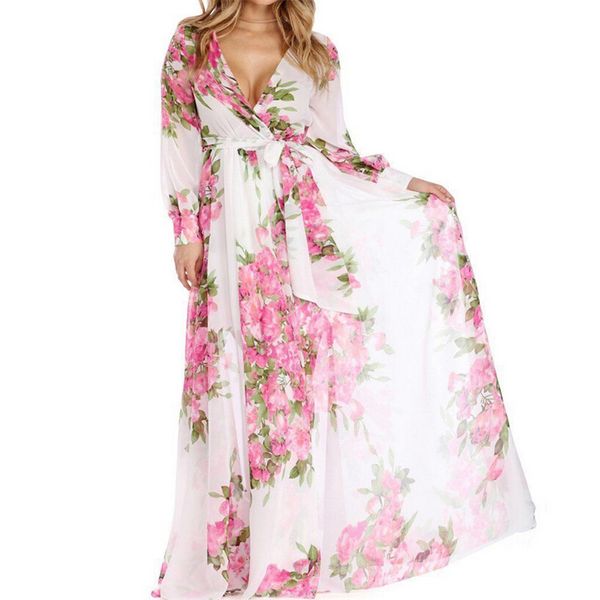 

women boho long maxi dress floral printing party evening summer beach sundress fashion autumn ladies long sleeve fancy dresses, Black;gray