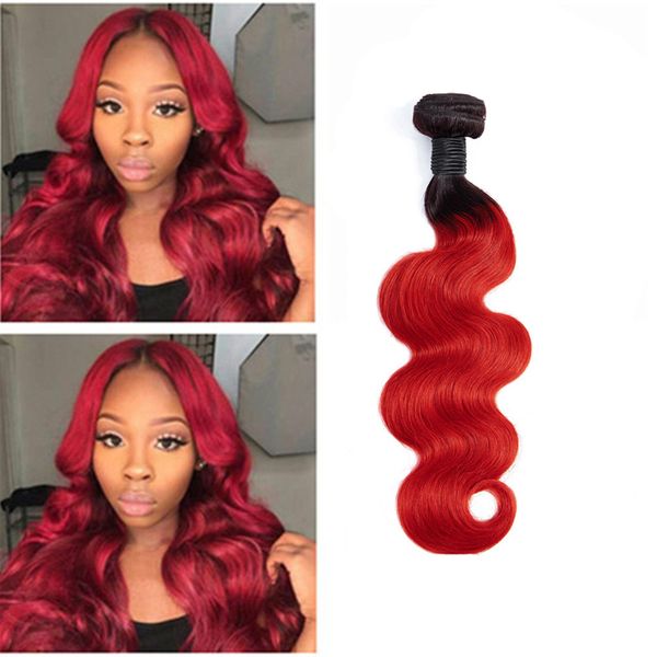 

indian virgin hair 1b/red ombre human hair extensions 10-26inch one bundle remy double wefts body wave 1 piece, Black