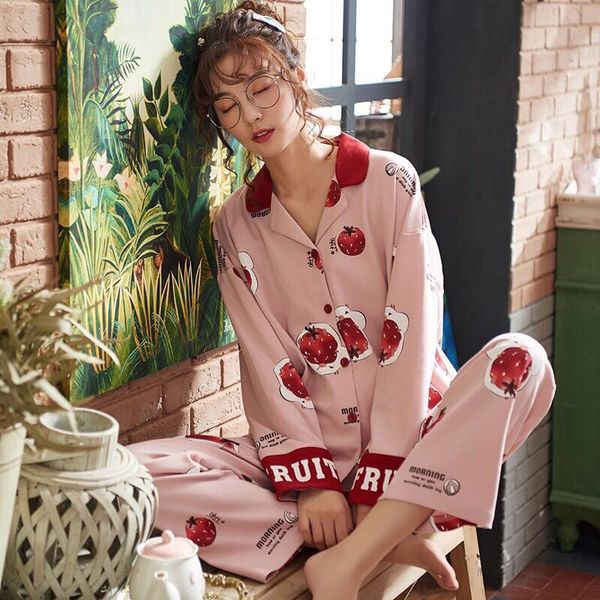 

new 2020 sweet tomato print 100%cotton full sleeve v-neck pajamas 2 pcs set pink colours -3xl women's sleepwera ing, Black;red