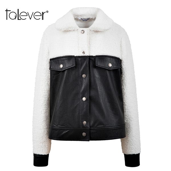 

women winter spring faux fur warm jacket lady's casual lambswool leather patchwork coats female fur overcoat pu jacket talever, Black