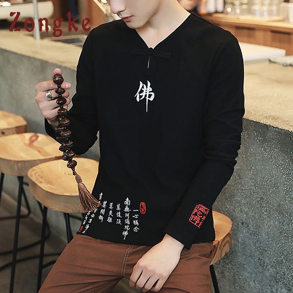 

zongke chinese style buddha embroidery long sleeve t shirt men harajuku tshirt men t-shirt streetwear t shirts 2019 spring, White;black