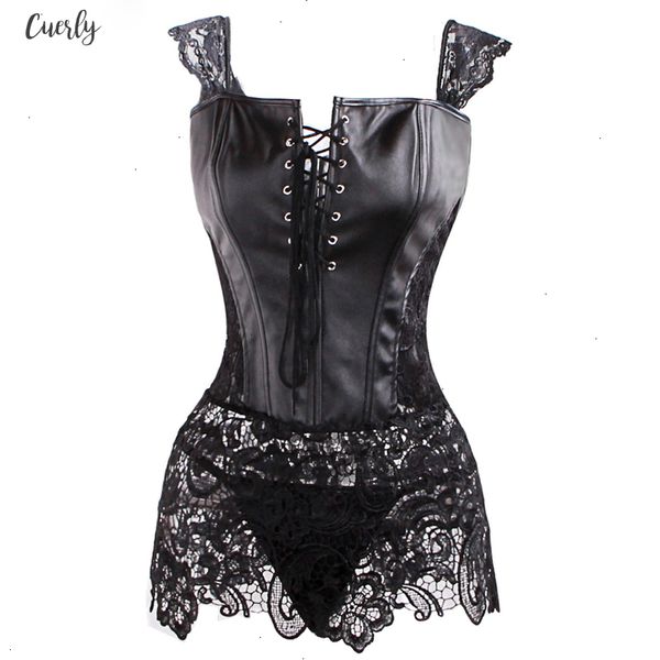 

lingerie with g string sets women faux leather lace burlesque steampunk corset dress waist gothic bustier corpet plus size, Black;white