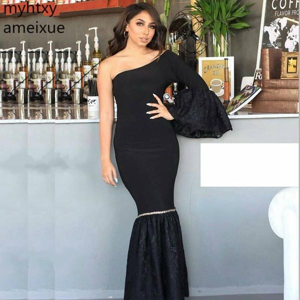 

new arrival one shoulder black event custom evening dresses long 2019 mermaid dress party gown vestido longo festa ever pretty, White;black