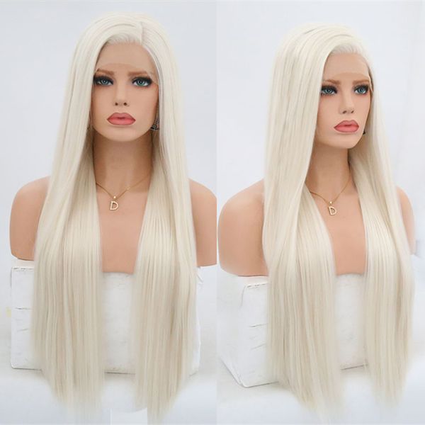 

platinum blond synthetic lace front wigs for women silky straight side part heat resistant long blonded hair wig, Black
