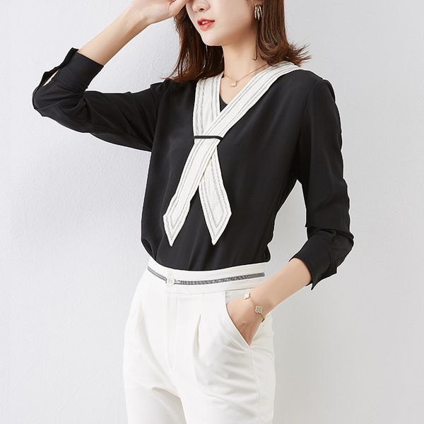 

2020 spring eleganrt women real silk 100% luxury black shirts o-neck long sleevd and slim blouses korean fashion clothing, White