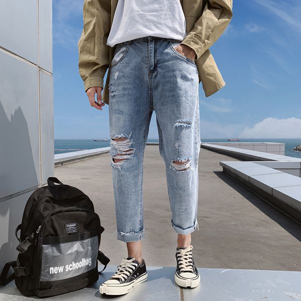 

men's loose elastic jeans men's jeans pants all new 9-point pants with holes, Blue