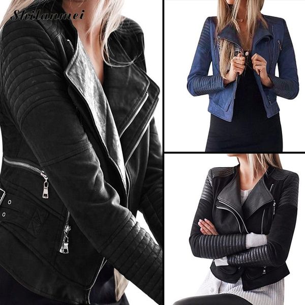 

rock pu leather women smooth motorcycle jackets biker streetwear long sleeve lapel collar soild black/blue punk jacket plus size