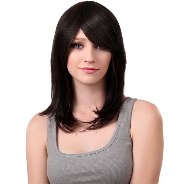 

16 " женщины длинные прямые 100% реальные парики человеческих волос с челкой стороны крышки черные, Black