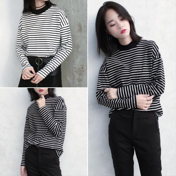 

2020 autumn clothes loose half-high collar striped slim base t-shirt women's long t-shirt sleeve top, White