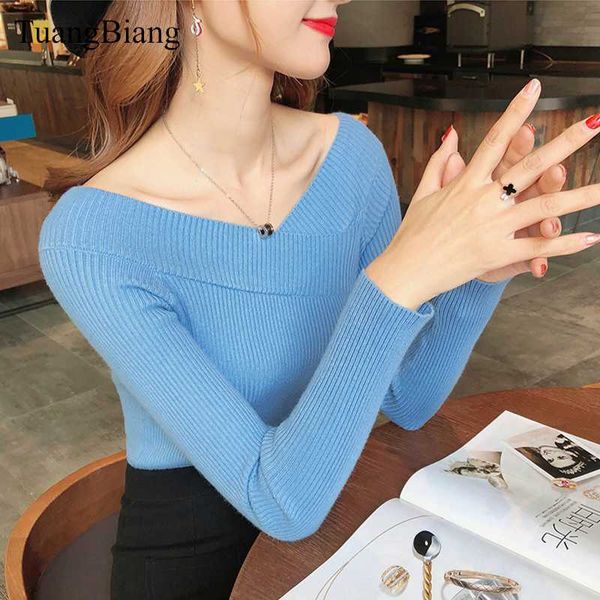 

2020 autumn winter v-neck pullovers blue sweater knit elasticity long sleeve off shoulder sweater feminino solid color sweaters, White;black