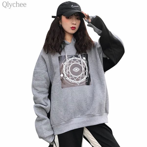 

qlychee star eye fleeced hooded sweatshirts female long sleeve hit color hoodies spring autumn casual women streetwears, Black