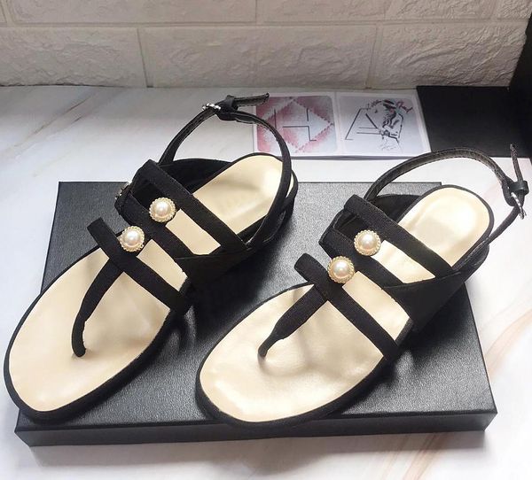 

design ladies flat sandals fashion womens shoes pearl buckle with slippers casual shoes pearl pinch sandals with original qw, Black