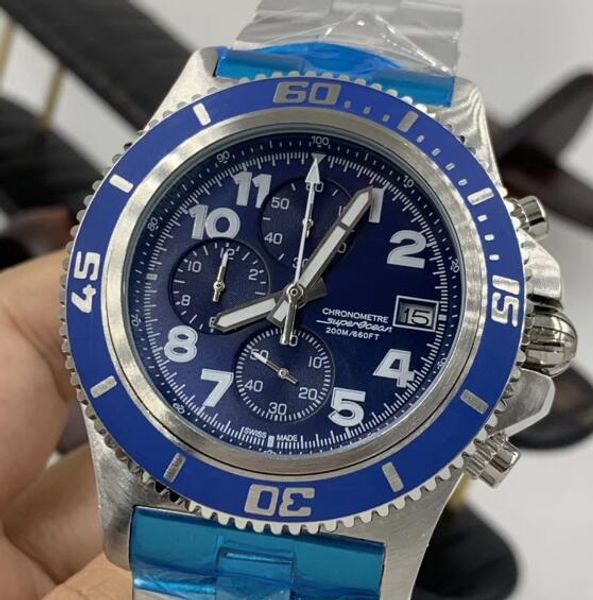 

все subdials рабочие супер-ocean 46mm синий циферблат мужские часы хронометр кварцевые часы diver из нержавеющей стали браслет наручные часы, Slivery;brown