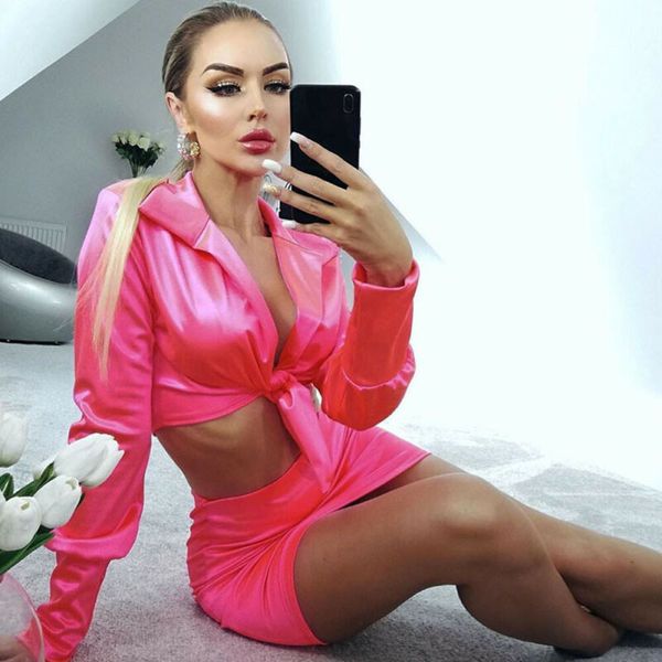 

women casual long sleeve crop skirt suit 2pcs set ladies bandage blouse