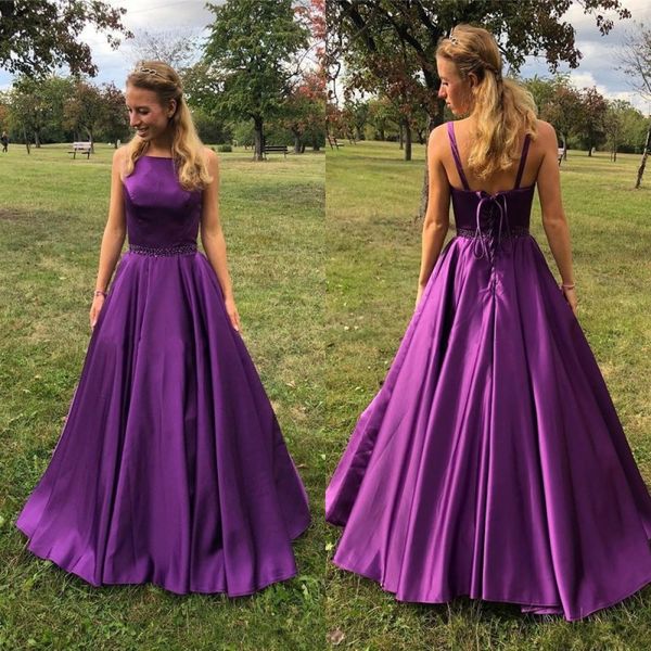 

simple square neck purple prom dresses satin a line floor length party gowns with lace up back, Black
