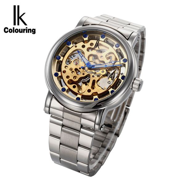 

ik colouring brand men skeleton mechanical wristwatch luxury rhinestone dial stainless steel band automatic self wind male watch, Slivery;brown
