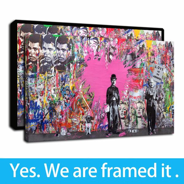 

framed artwork graffiti charlie chaplin and mr brainwash albert einstein 'love is the answer' portrait oil paintings canvas print