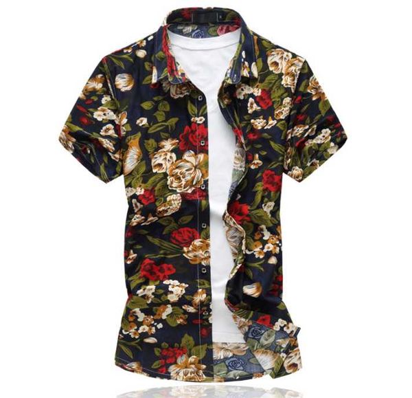 

men's casual shirts fashion clothing brand large size 6xl printed classic summer short sleeve flower, White;black
