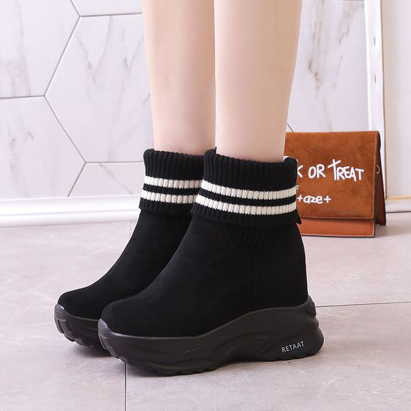 

girl platform wedges boots winter height increasing ankle boots ladies winter non slip stretch fabric tube women shoes, Black