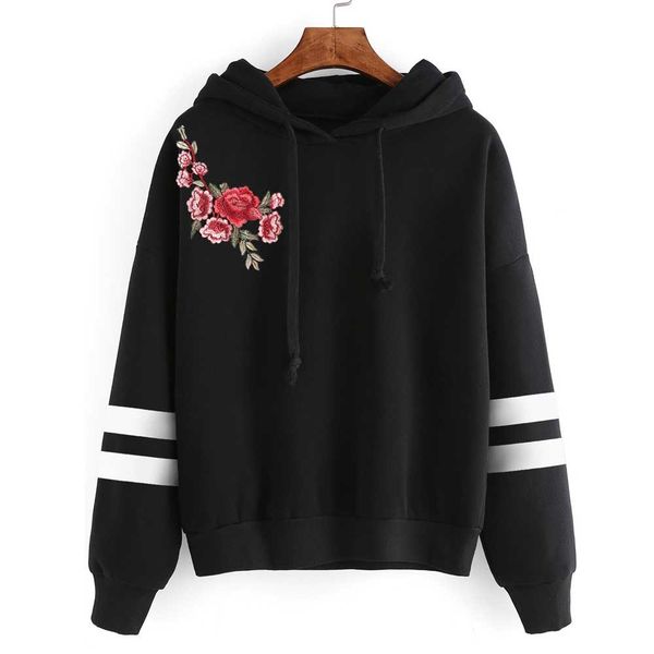

womens harajuku sweatshirt hoodies floral embroidery applique long sleeve loose sweatshirt jumper hooded pullover sudadera mujer, Black