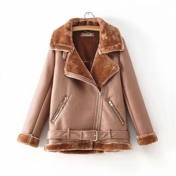 

retro new lapel and velvet padded fur one coat warm fashion pu leather lamb hair motorcycle clothing bomber jacket cc143, Black