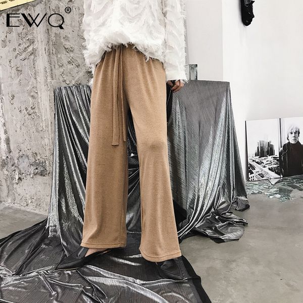 

ewq 2019 spring new design chic men's knitting wide leg pants casual male long wide legs drawstring mid-waist pants hd717, Black
