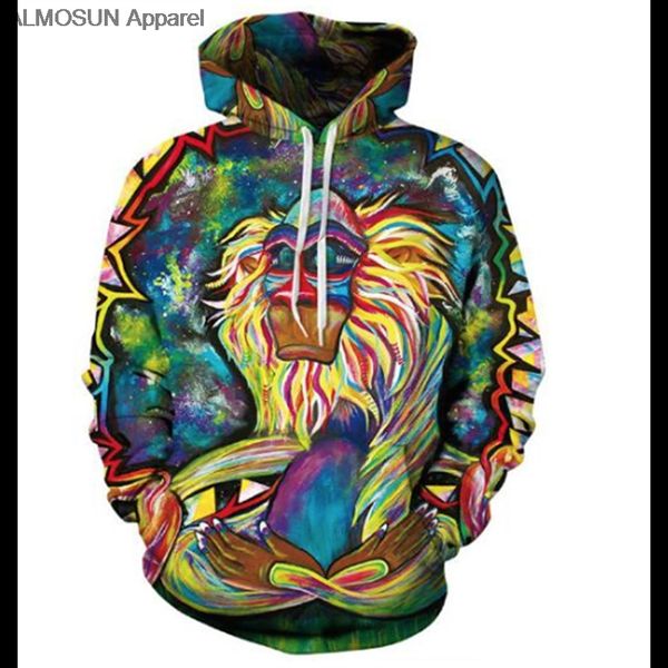 

almosun paniting monkey 3d all over printed hoodies pockets sweatshirt hipster hip hop casual streetwear men women, Black