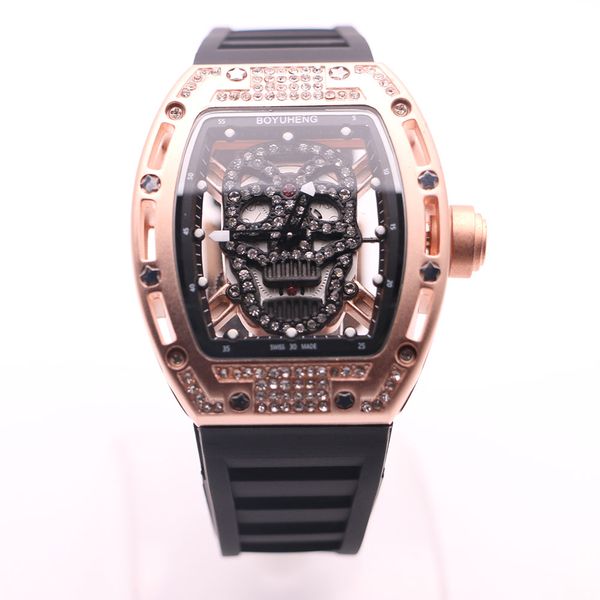 

boyuheng hollow black skull skeleton 43mm diamond dial tonneau case mens watches transparent quartz battery movement watch wristwatches, Slivery;brown