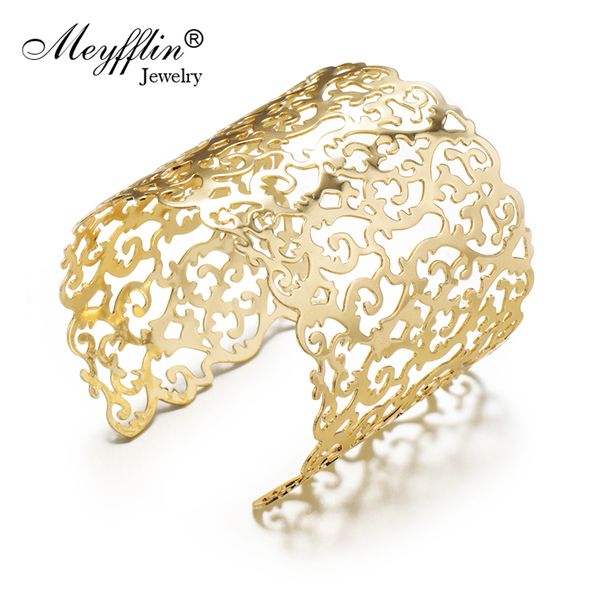 

meyfflin vintage cuff bracelets & bangle for women fashion god silver color hollow out flower bracelet punk female jewelry party, Black