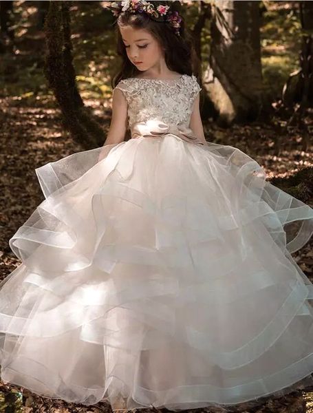 

2019 cap sleeves tulle ruffles skirt a line flower girls' dresses lace 3d floral beaded bow sash hollow back girls' dresses ba7652, White;blue
