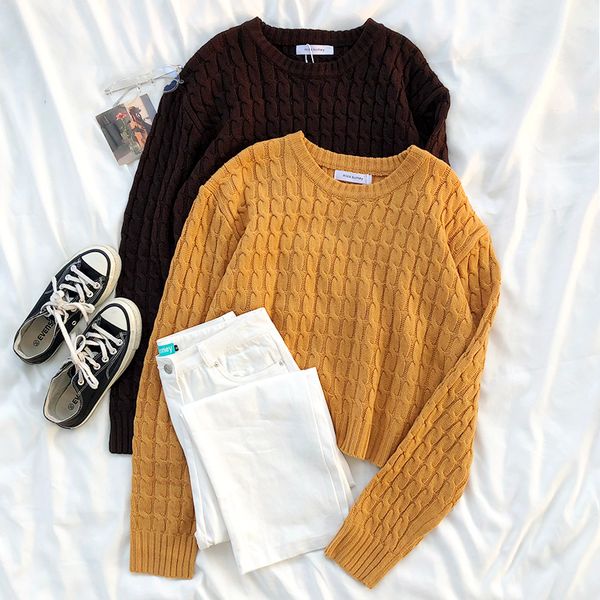 

ретро корейский twist solid color короткие длинные рукава o шеи пуловер вязать свитер, White;black