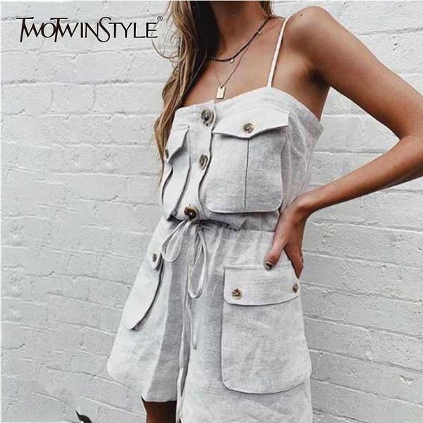 

twotwinstyle lace up off shoulder backless womens jumpsuit high waist sleeveless female short pants fashion 2019 summer, Black;white