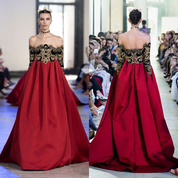

2020 modest elie saab off shoulder empire sweep train a line evening dresses applique crystal beaded formal dresses satin party gown, Black;red