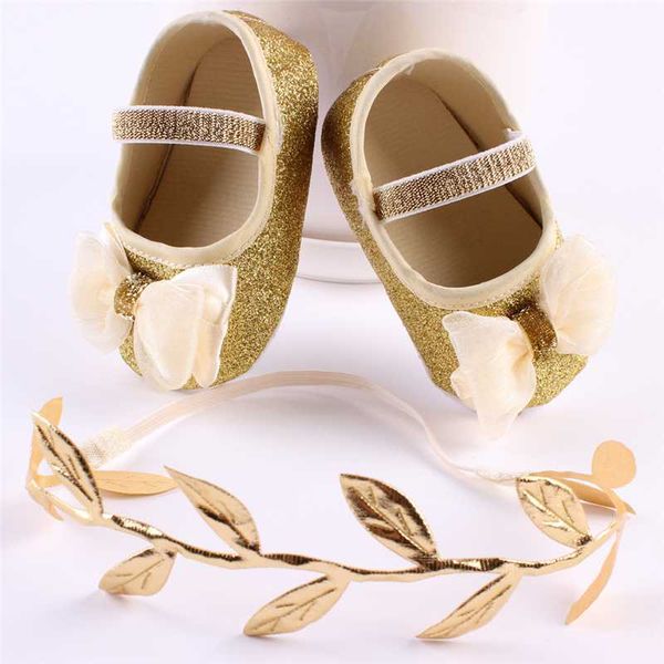 

glitter baby headbands with shoes set infants toddler walkers golden silver leaves headbands foot flowers shoes baby accessories, Slivery;white