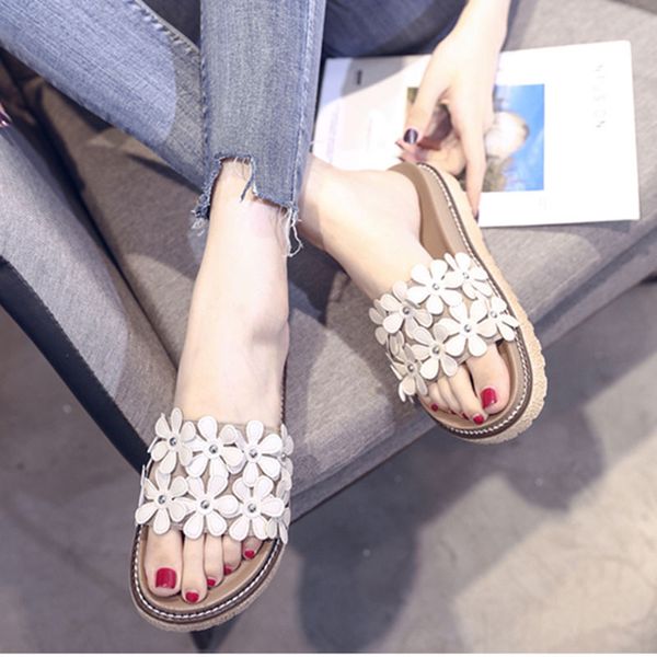 

leisure fashion slides women outside med flat with slippers summer slip-on casual flower sewing ladies shoes, Black