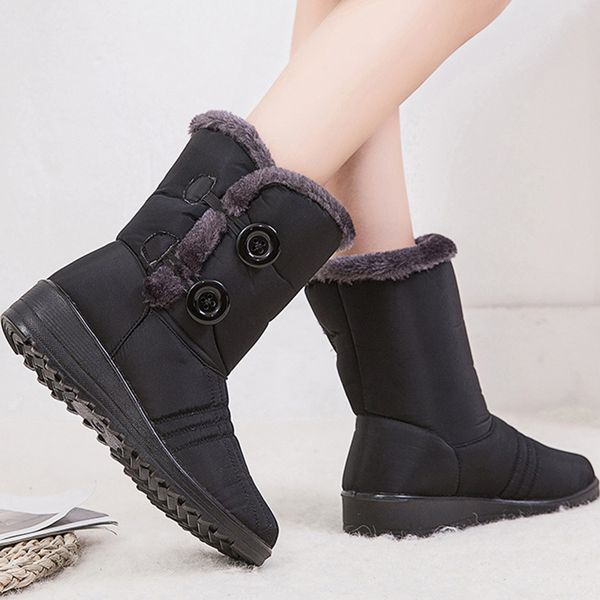 

mid calf boots women wedges fashion button warm snow boots for ladies waterproof winter shoes woman nylon plush non slip, Black