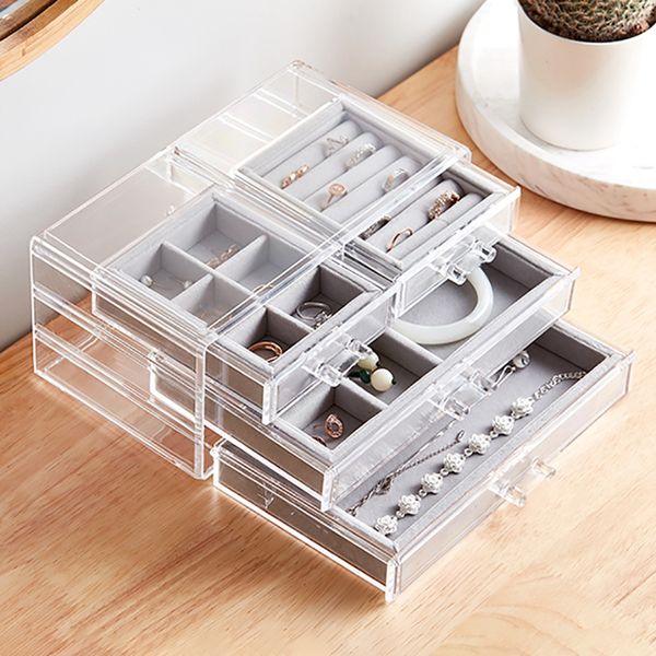 

jewelry box 3 drawers for women velvet jewelry storage organizer tray clear showcase for earring ring necklace bracelet, Pink;blue