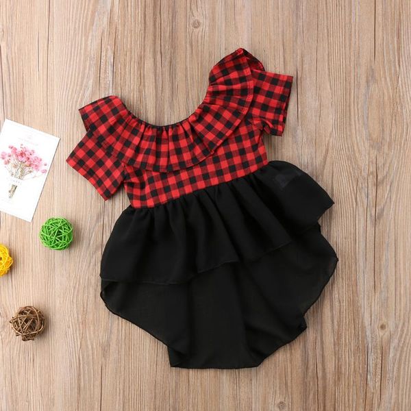 

2018 new cute toddler infant child baby girl checked dresses ruffled neck asymmetrical plaid shortsleeve sundress 6m-4t, Red;yellow