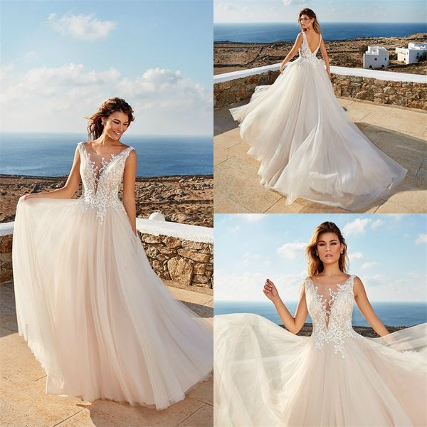 Boho Eddy K Abiti da sposa a-line Appliqud in pizzo Sexy scollo a V senza maniche Abito da sposa senza schienale Sweep Train Abito da sposa economico da spiaggia 219M