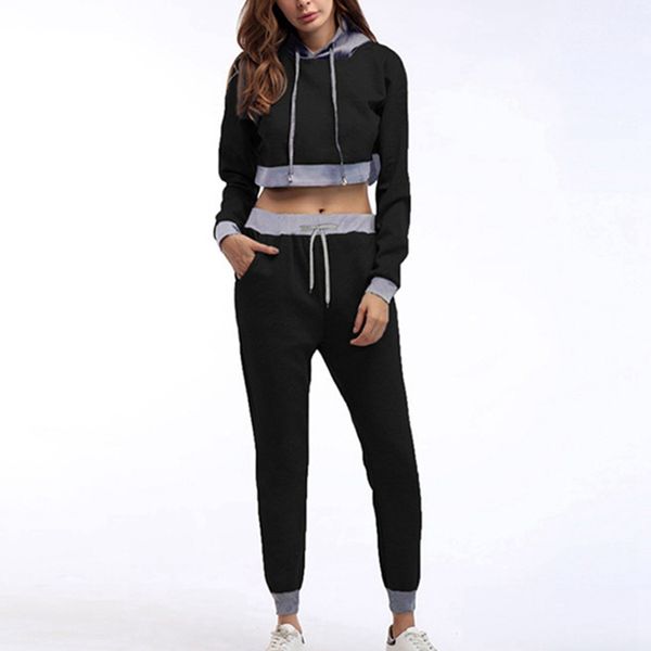 

autumn winter tracksuit for women long sleeve stitching sweatshirts running set girls crop 2 pcs sets +pants sports suit, Black;blue