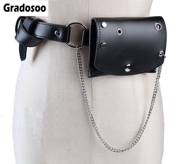 

gradosoo women pu leather waist pack fashion chain design belt bag punk women brand mini hip bag small coin money a042
