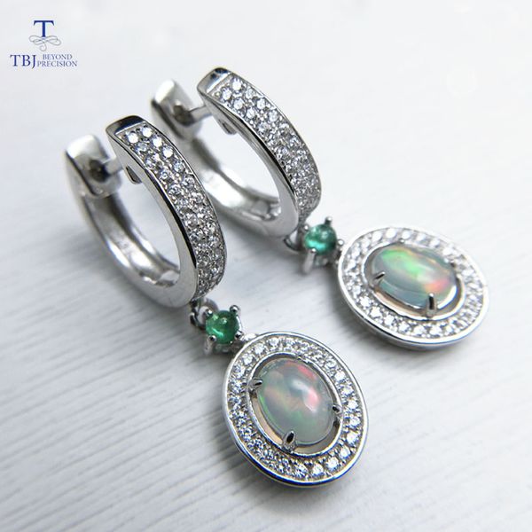 

tbj,2019 new classic clasp earring with natural opal and green emerald gemstone jewelry in 925 sterling silver for anniversary, Black