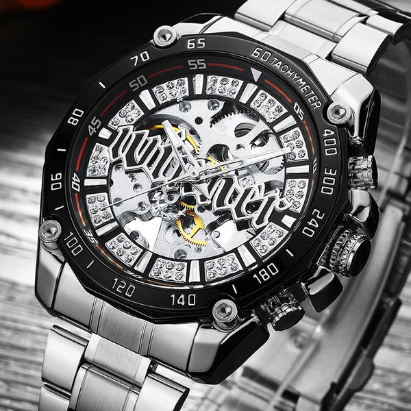 

men watch stainless steel sport wristwatch skeleton automatic mechanical male clock relogio masculino, Slivery;brown