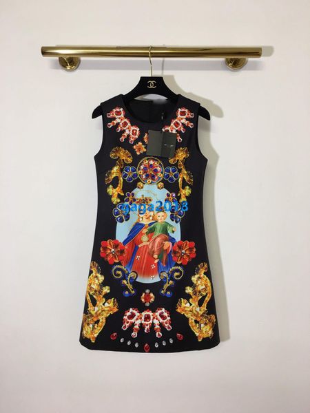 

high end женщины девушка короткий жилет платье круглый вырез пэчворк цветочный принт кристалл бисероплетение старинные рукавов a-line юбка м, Black