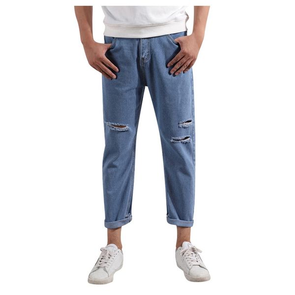 

vogue nice classic men's autumn and winter denim loose casual solid color hole straight leg pants waist dew nine pants men's, Blue