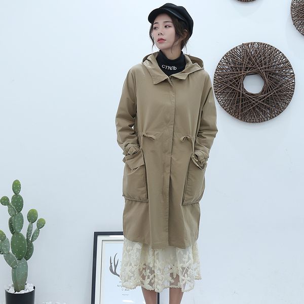 

women's trench coats 2021 anorak long style for women spring and autumn large pocket coat artistic loose zipper, Tan;black