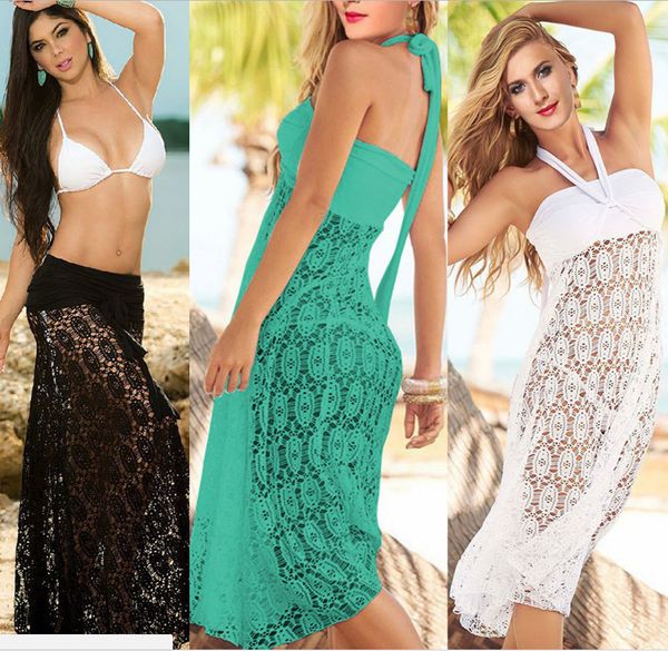 

saida de praia female 2019 beach dress summer ladies swimwear womens lace neck strapless spot skirt solid spandex sierra, Blue;gray