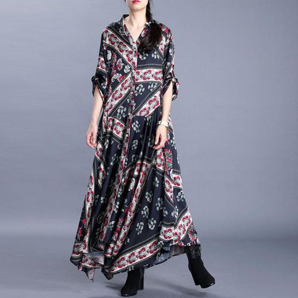 

fairynatural spring autumn button irregular floral printed retro dress women 2020 new loose comfort women real silk dress v-neck, Black;gray