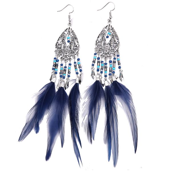 

european and american fashion exaggerated hollow drops of rice beads earrings national wind feather tassel earrings female, Silver