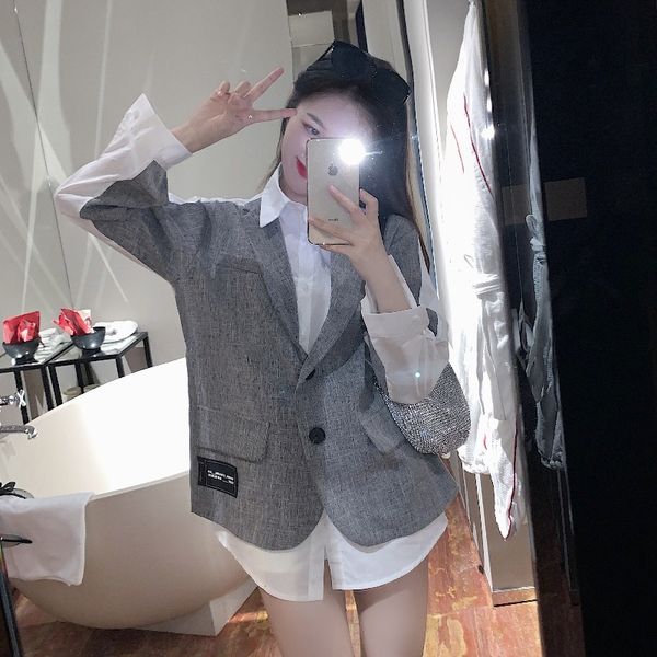 

women dressises 2020 hong kong flavor new popo collar long-sleeved shirt stitching suit vest fake two-piece loose slimming shirt women, White;black